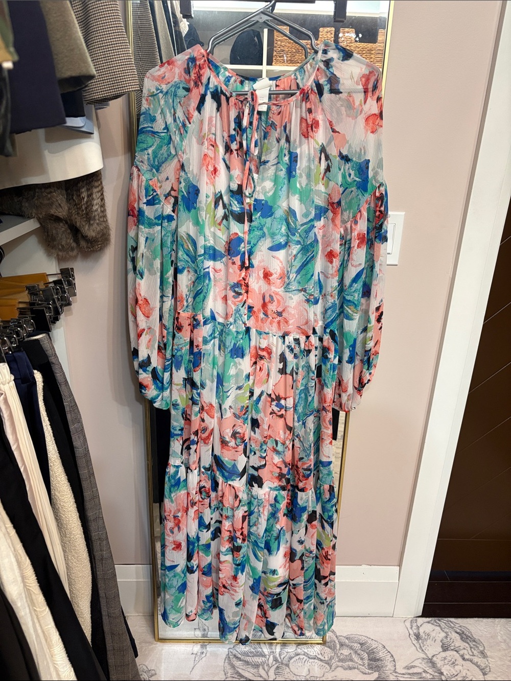H&M lined Floral Long Sleeve Maxi Dress - Pink & Blue Medium